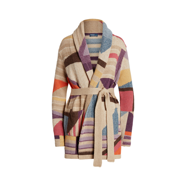 Geo-Motif Shawl Linen-Blend Cardigan
