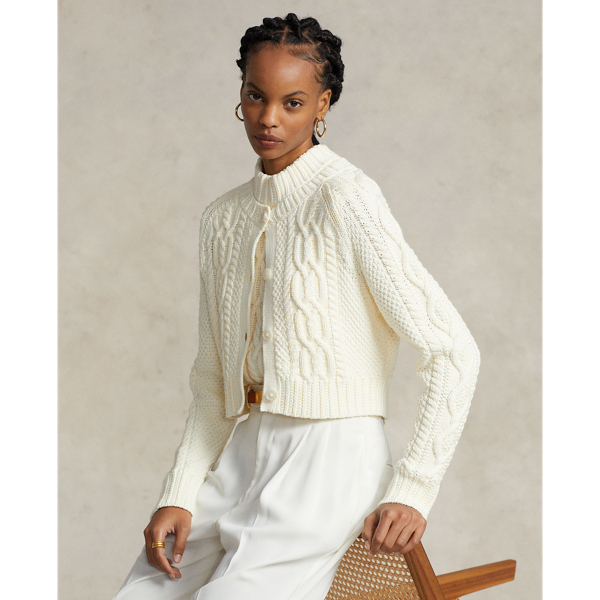 Cropped Aran Knit Cotton Cardigan