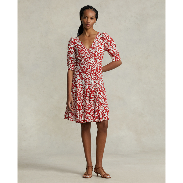 Floral Mutton Sleeve Godet Crepe Dress Ralph Lauren