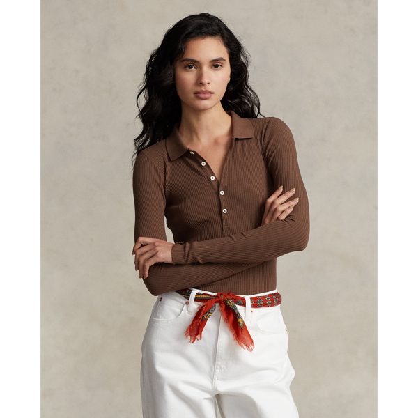 Chocolate Brown Ribbed Long-Sleeve Polo Shirt Polo Ralph Lauren 1