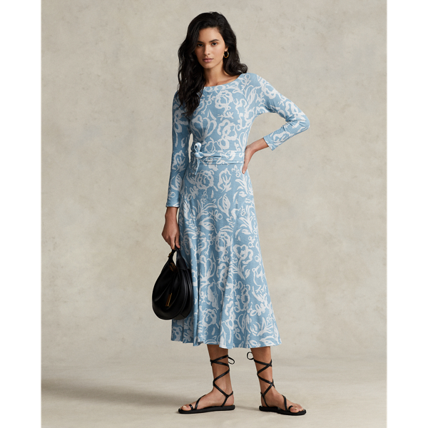 Floral Belted Double Knit Jacquard Dress for Women Ralph Lauren QA