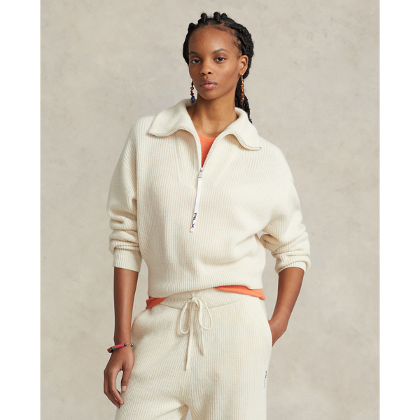 Cream Rib-Knit Cashmere-Wool Half-Zip Sweater RLX 1