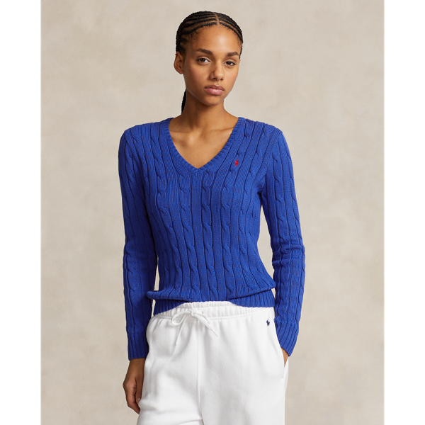 Cable Knit Cotton V Neck Jumper for Women Ralph Lauren UK