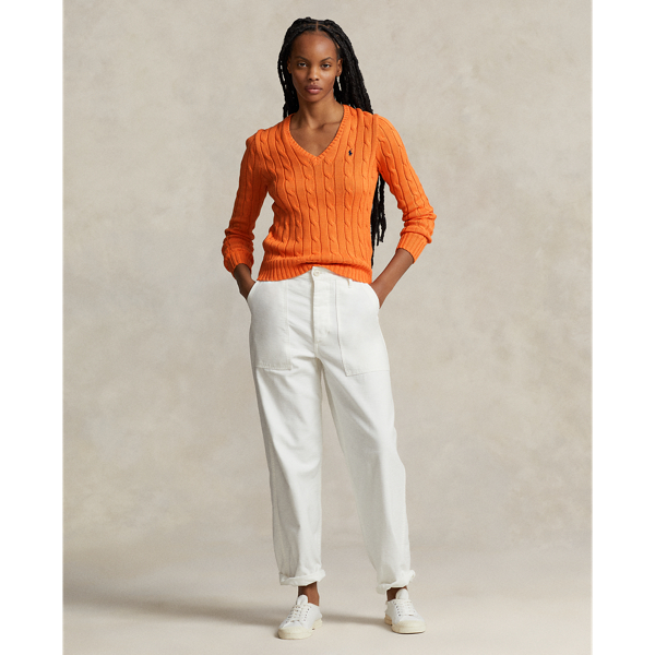 売れ筋商品|||ラルフローレン ニット&セーター レディース アウター CABLE KNIT COTTON V NECK SWEATER - Jumper - sun orange Genuine Polo Ralph Lauren W Cable Knit Cotton V-Neck Sweater