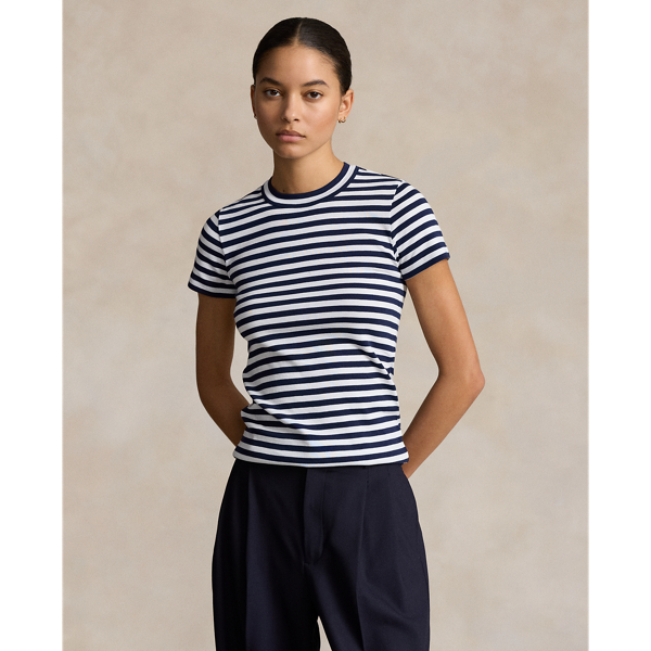 Striped Rib-Knit Cotton Crewneck T-Shirt for Women | Ralph