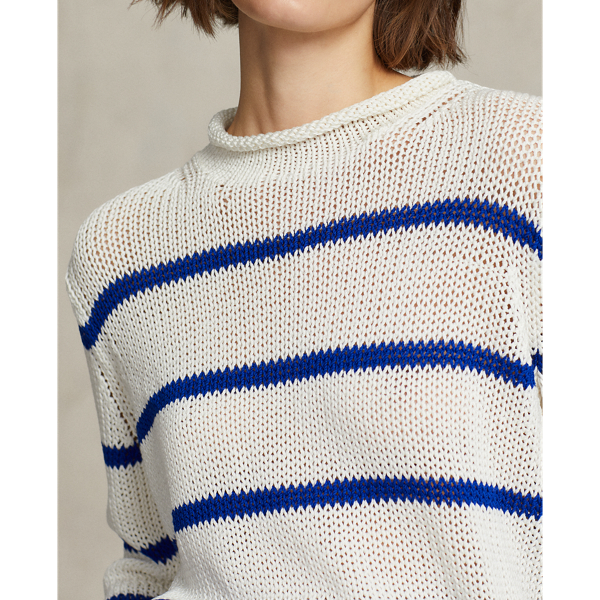 (取寄) ローレン ラルフローレン レディース ストライプド セーター Lauren Ralph Lauren women Striped Ballet-neck Sweater White/New Sapphire Striped Logo Knit Sweater by Lauren Ralph Lauren | Rent the