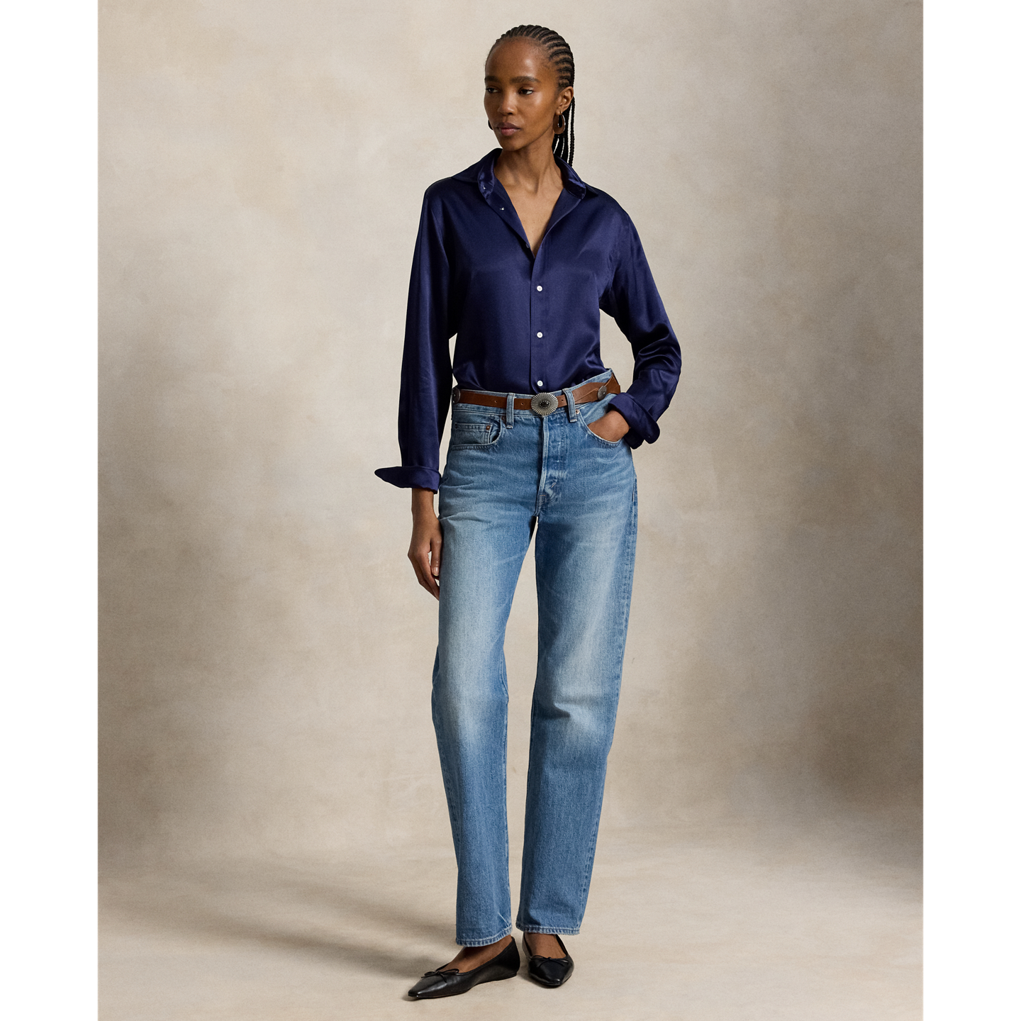 Женская рубашка Ralph Lauren Slim Fit Silk, цвет: Тёмно-синий — фото 1