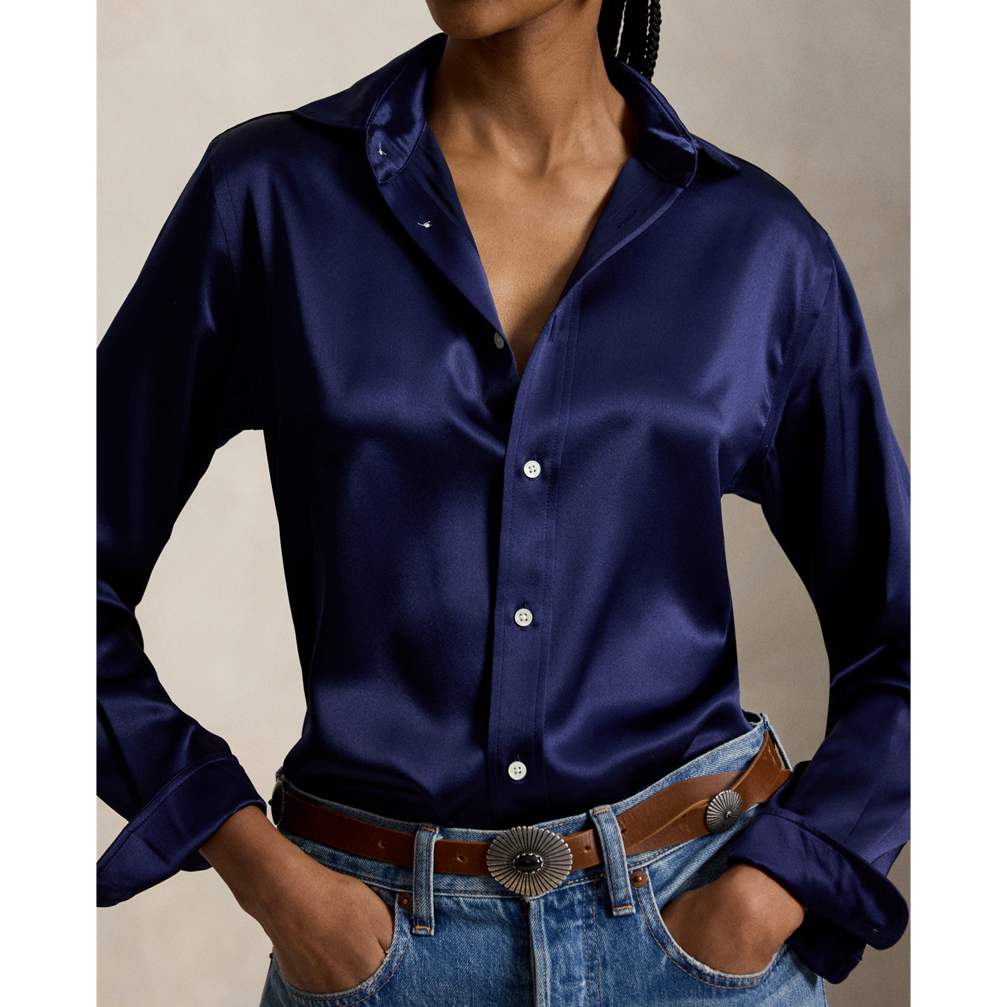 Женская рубашка Ralph Lauren Slim Fit Silk, цвет: Тёмно-синий — фото 3