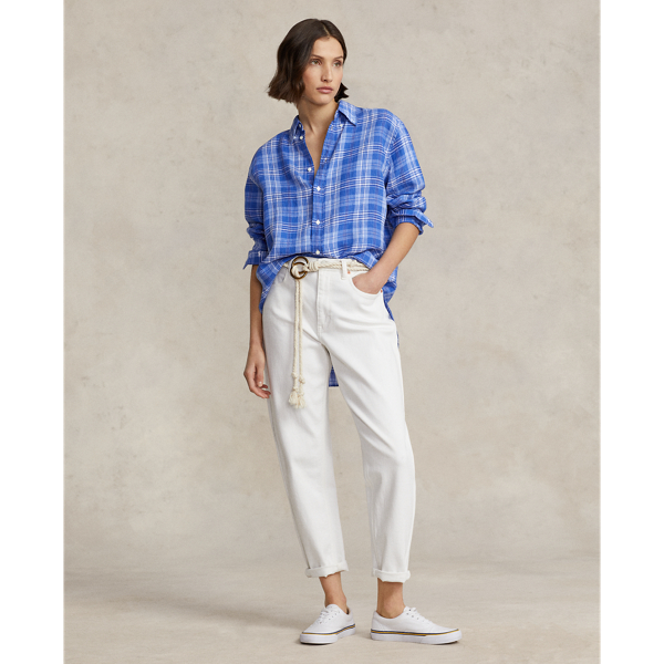 White/Royal Plaid Oversize Fit Plaid Linen Shirt Polo Ralph Lauren 4