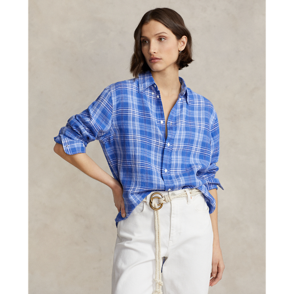 White/Royal Plaid Oversize Fit Plaid Linen Shirt Polo Ralph Lauren 1