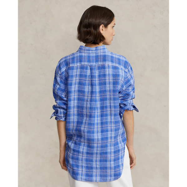 White/Royal Plaid Oversize Fit Plaid Linen Shirt Polo Ralph Lauren 5