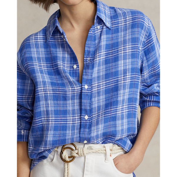 White/Royal Plaid Oversize Fit Plaid Linen Shirt Polo Ralph Lauren 6