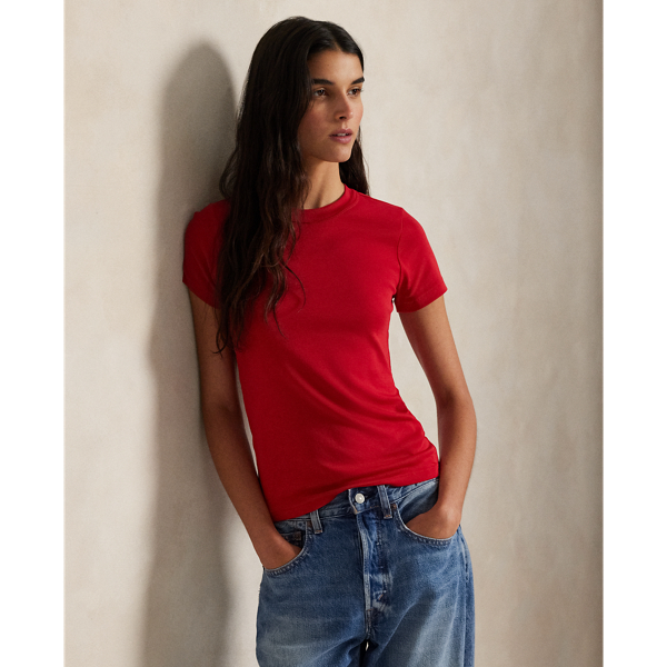 Red Ribbed Cotton Tee Polo Ralph Lauren 1