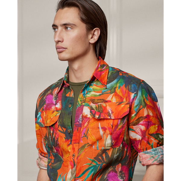 Orange Floral Multi Floral-Print Linen Shirt Purple Label 6