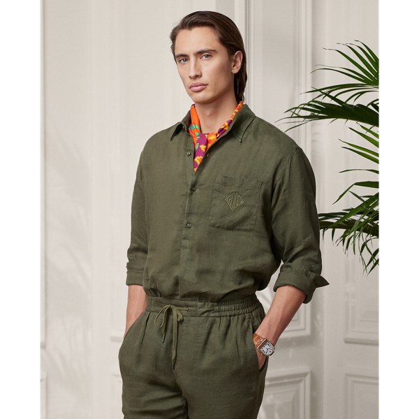 Olive Night Linen Monogram Popover Shirt Purple Label 1