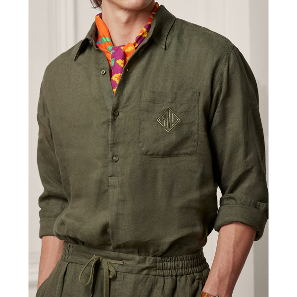 Olive Night Linen Monogram Popover Shirt Purple Label 6