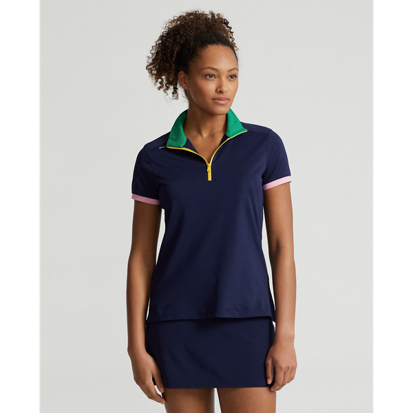 Refined Navy/Cruise Green Tailored Fit Quarter-Zip Piqu&eacute; Shirt RLX 1