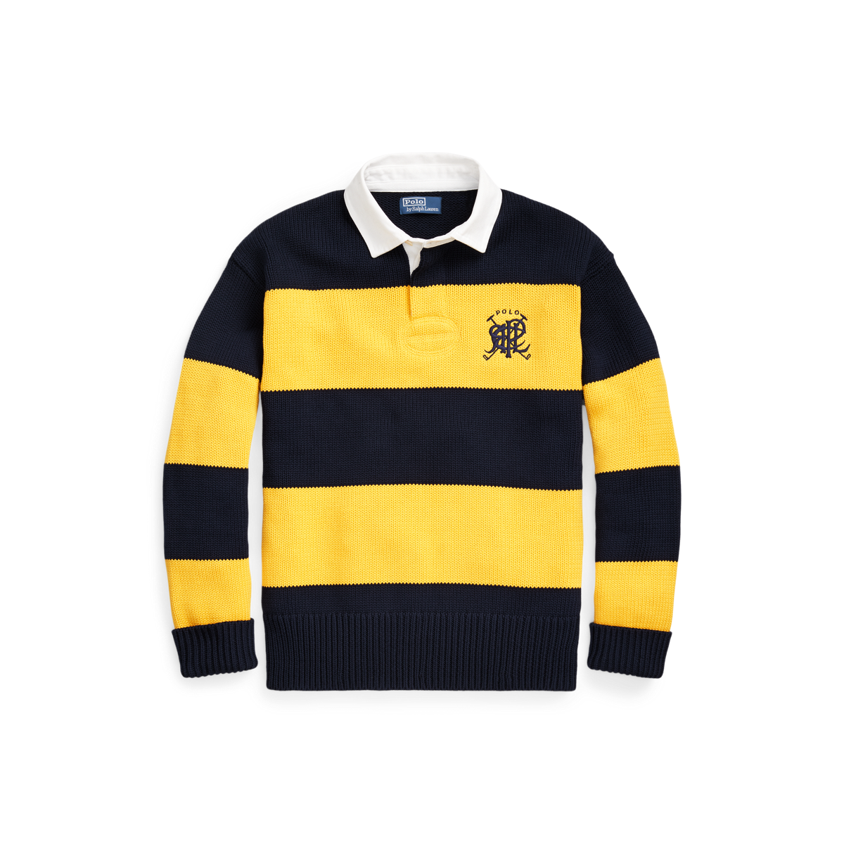 Polo store Ralph Lauren Rugby Stripe Cotton Crew Neck Sweater Mens Large Yellow Navy