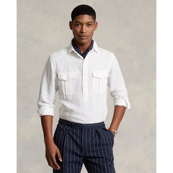 White Classic Fit Linen-Silk Popover Shirt Polo Ralph Lauren 1