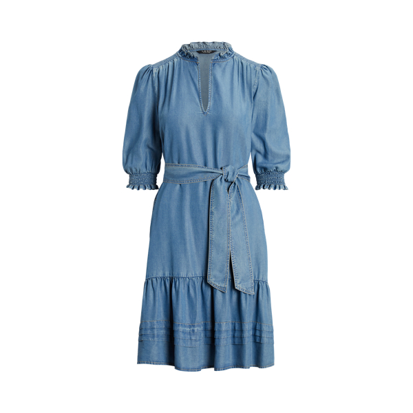 Belted Denim Puff-Sleeve Dress