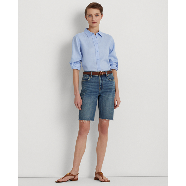 Pebble Blue Linen Roll Tab-Sleeve Shirt Lauren 4