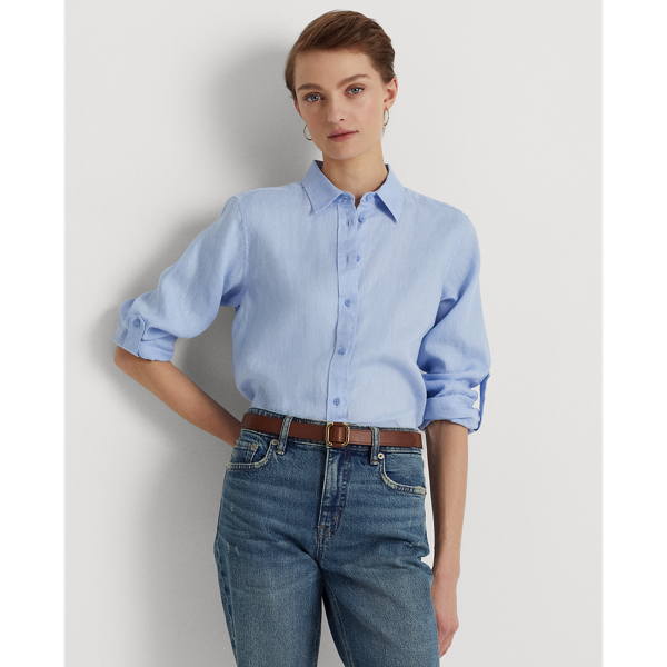 Pebble Blue Linen Roll Tab-Sleeve Shirt Lauren 1