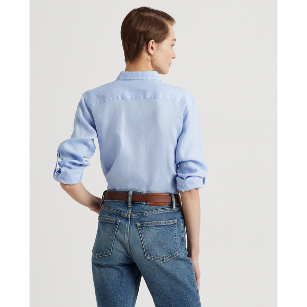 Pebble Blue Linen Roll Tab-Sleeve Shirt Lauren 5