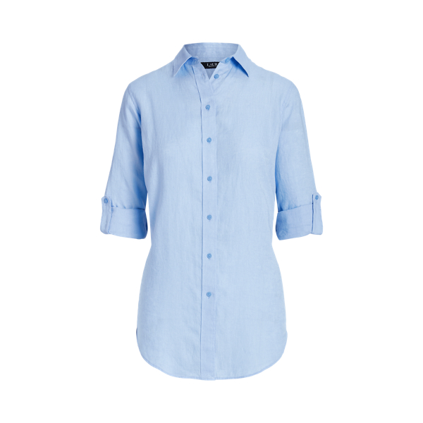 Pebble Blue Linen Roll Tab-Sleeve Shirt Lauren 2