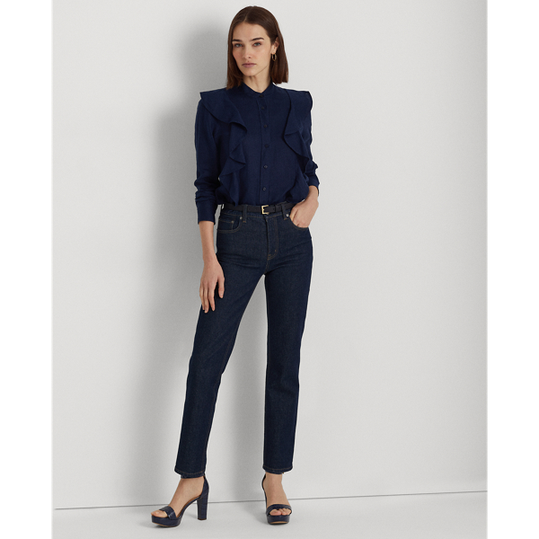 Refined Navy Ruffle-Trim Linen Shirt Lauren 4