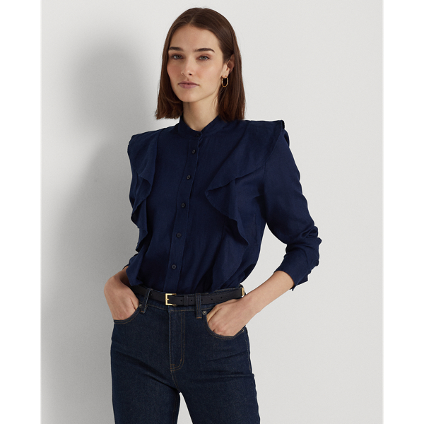 Refined Navy Ruffle-Trim Linen Shirt Lauren 1