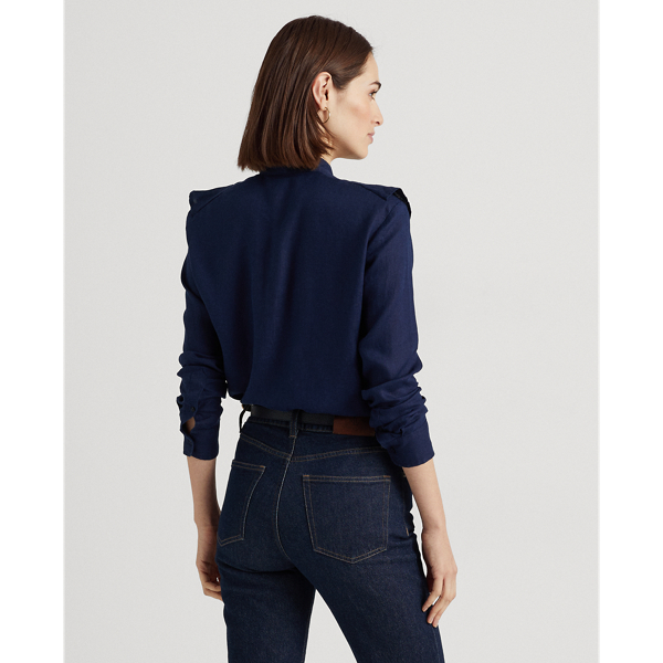 Refined Navy Ruffle-Trim Linen Shirt Lauren 5