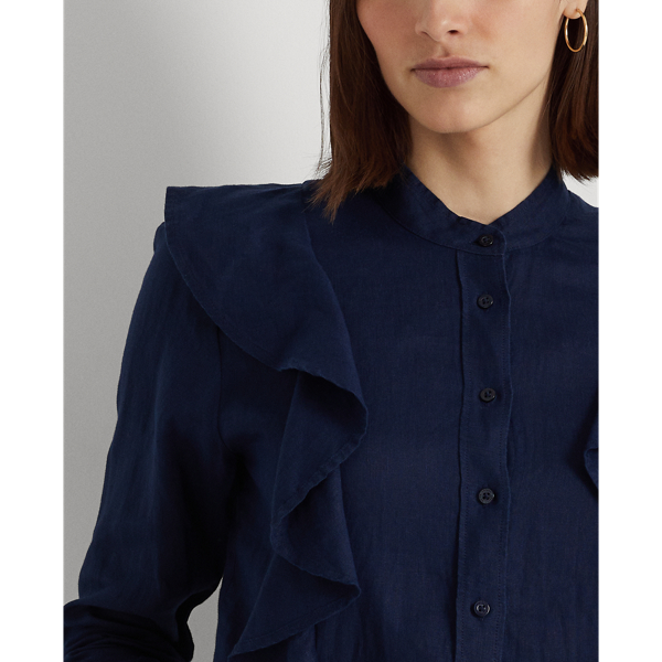 Refined Navy Ruffle-Trim Linen Shirt Lauren 6