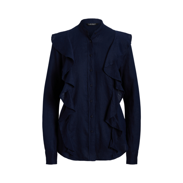Refined Navy Ruffle-Trim Linen Shirt Lauren 2
