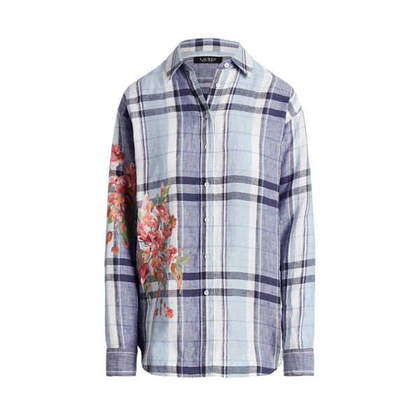 Camisa de linho floral e xadrez Lauren Petite em 1
