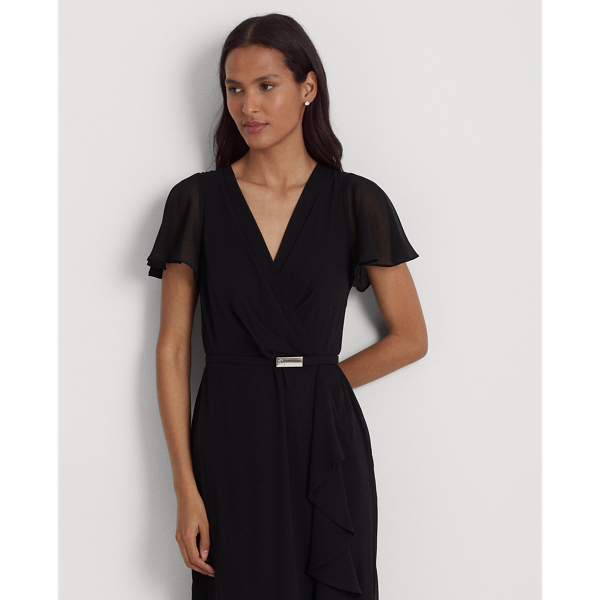 Black Belted Georgette Flutter-Sleeve Gown Lauren 4