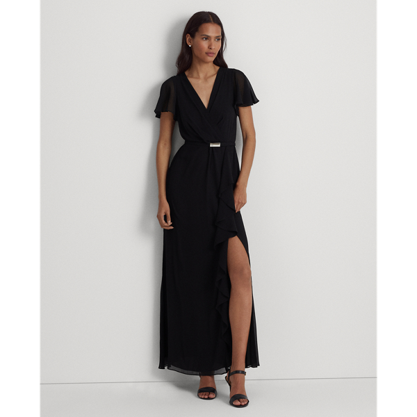 Black Belted Georgette Flutter-Sleeve Gown Lauren 1