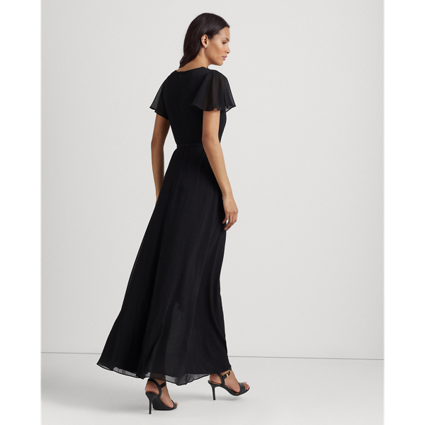 Black Belted Georgette Flutter-Sleeve Gown Lauren 5