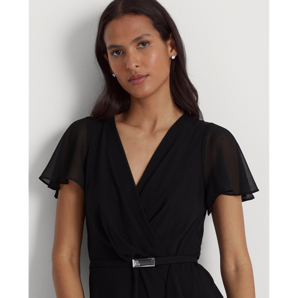 Black Belted Georgette Flutter-Sleeve Gown Lauren 6