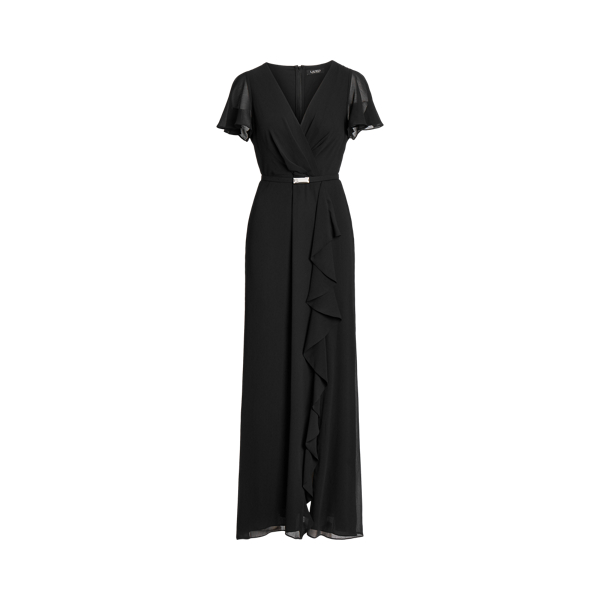 Black Belted Georgette Flutter-Sleeve Gown Lauren 2