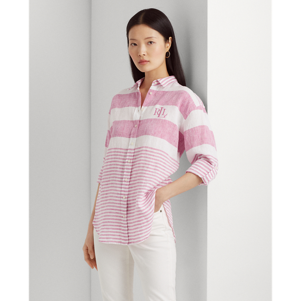 Sport Pink/White Striped Oversize Linen Shirt Lauren Petite 1