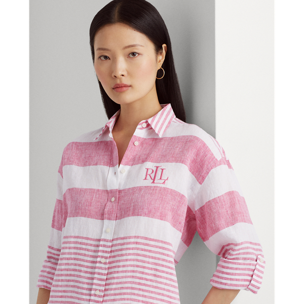 Sport Pink/White Striped Oversize Linen Shirt Lauren Petite 6
