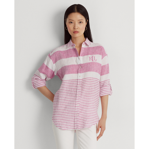 Sport Pink/White Striped Oversize Linen Shirt Lauren Petite 7