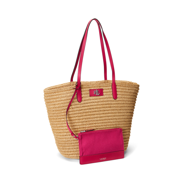 Leather-Trim Straw Large Brie Tote Bag for Women | Ralph