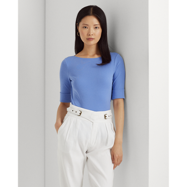 Blue Mist Stretch Cotton Boatneck Top Lauren Petite 1