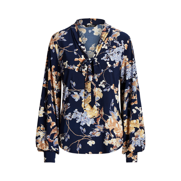 Floral Tie-Neck Stretch Jersey Top Lauren Petite 1