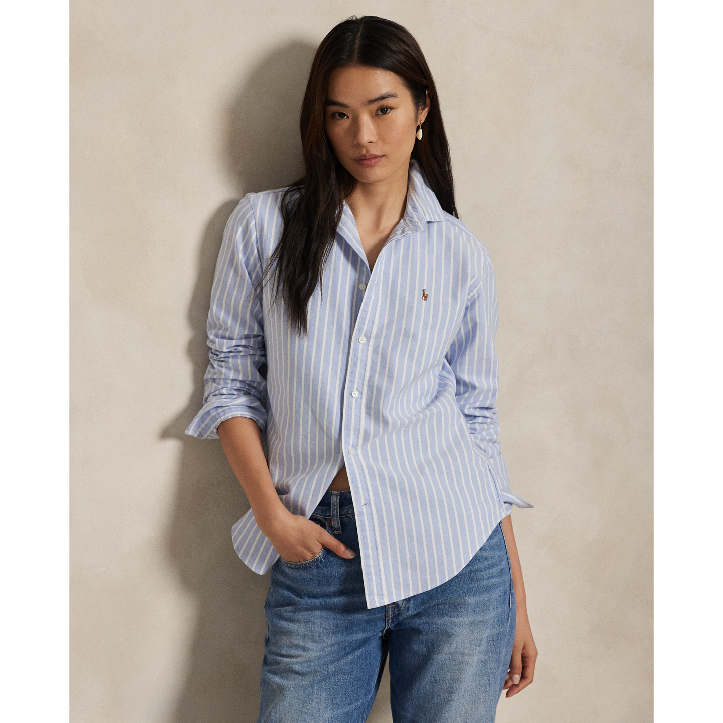 Женская рубашка Ralph Lauren Slim Fit Striped Oxford, цвет: Синий — фото 5