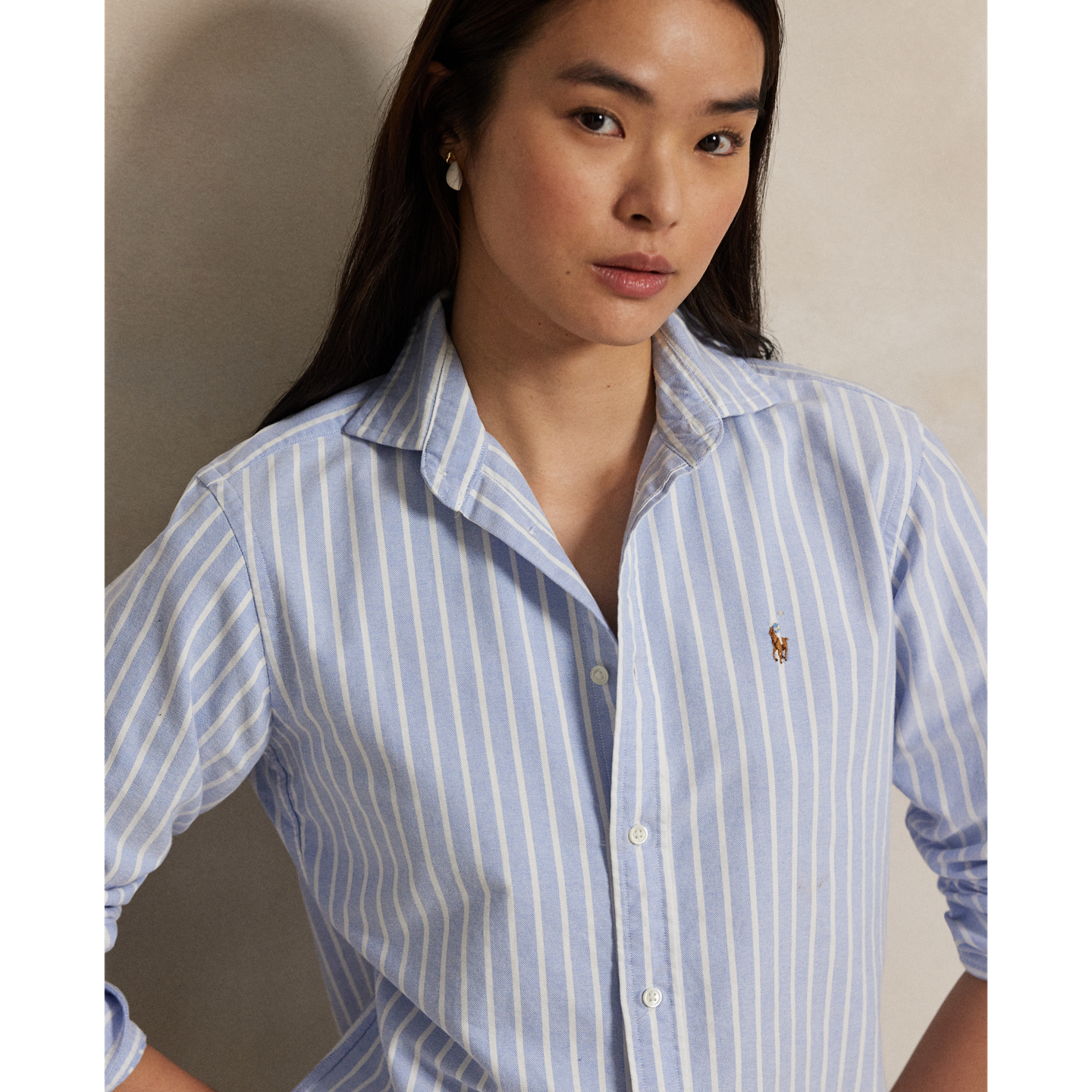 Женская рубашка Ralph Lauren Slim Fit Striped Oxford, цвет: Синий — фото 3