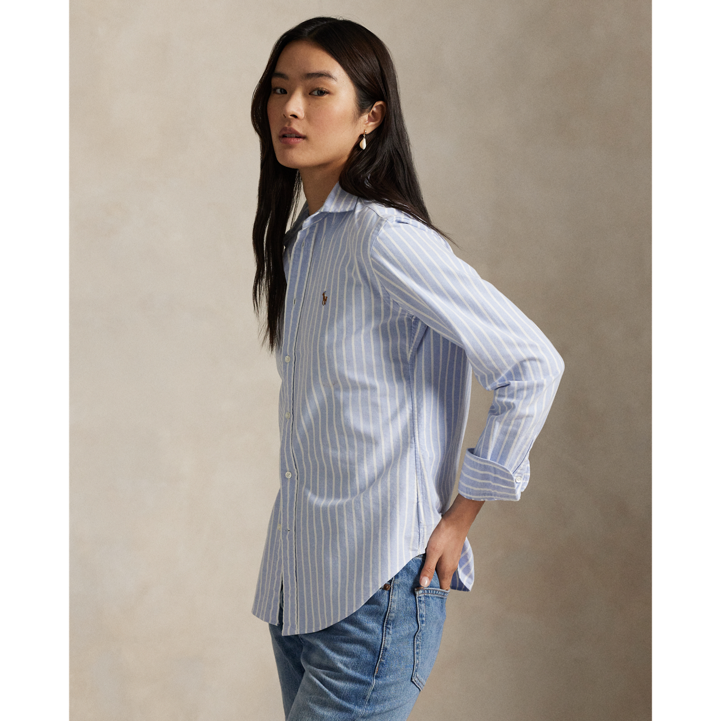 Женская рубашка Ralph Lauren Slim Fit Striped Oxford, цвет: Синий — фото 4