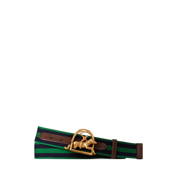 Green/Navy Leather-Trim Striped Belt Polo Ralph Lauren 1