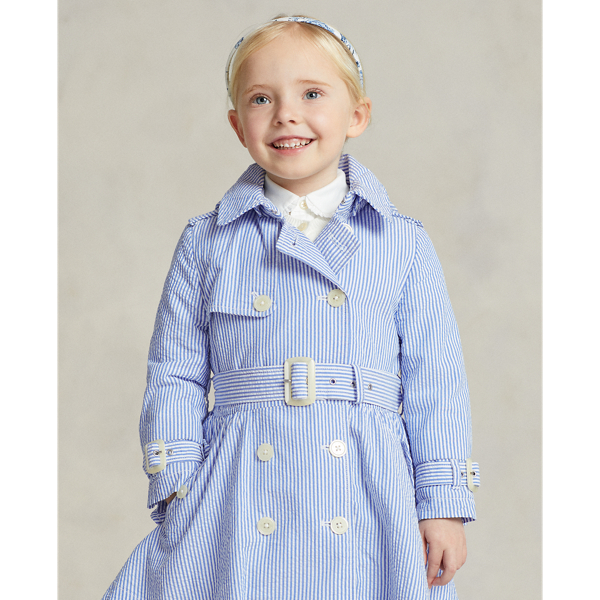 Blue-white Seersucker Hooded Trench Coat Girls 2-6x 4